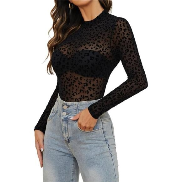 Mesh Top for Women Long Sleeve Mock Neck Black Leopard Pattern - Picture 1 of 6